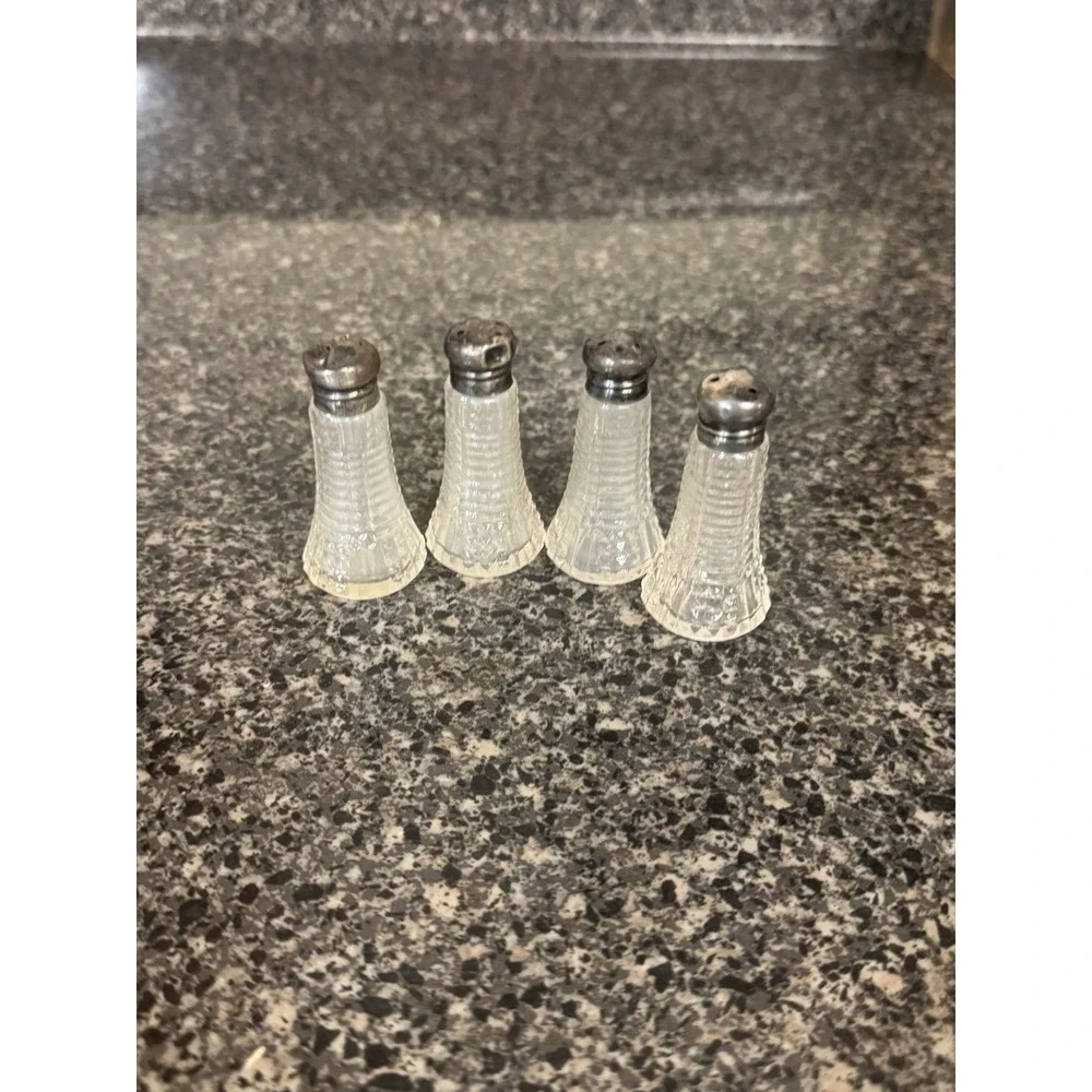 Vintage 1940's mini Sterling Silver Salt Pepper Shakers crystal Set Of 4